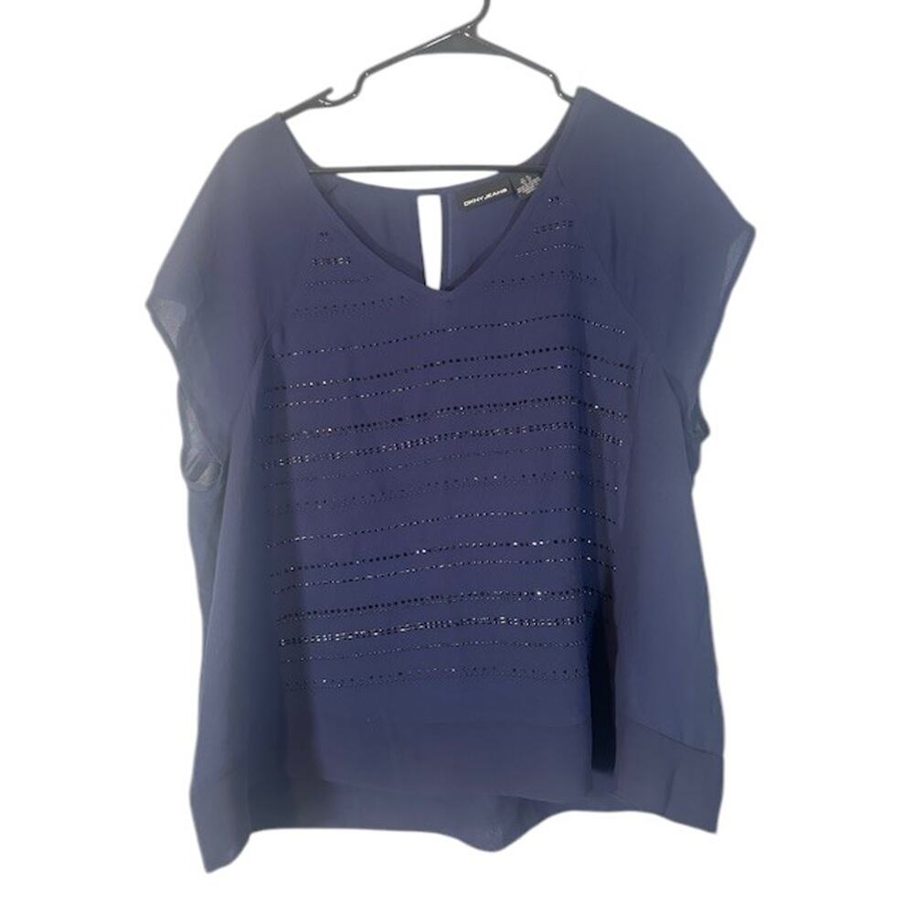 DKNY Women’s Navy Blue Short Sleeve V-Neck Jeweled Front Sparkle Top Size XL